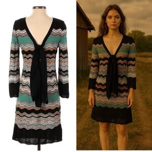 Missoni Mini Dress Striped Zig Zag Knit Long Sleeve 36 0 Wool Viscose Tie Neck